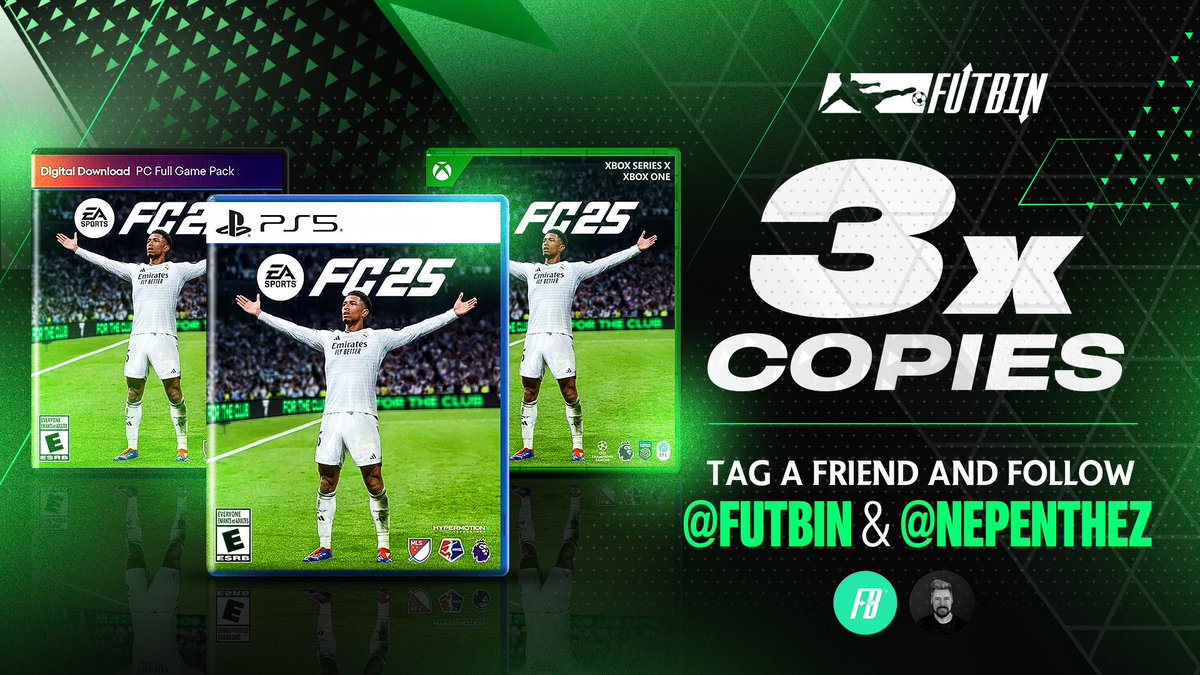 🚨 FC 25 GIVEAWAY!!  

It's FC 25 Web App day and to celebrate we're giving away 3 copies of the game!

For a chance to win a copy of FC 25:  
- Tag a friend 🤝
- Follow <a href="/FUTBIN/">FUTBIN</a> ✅
- Follow <a href="/NepentheZ/">NepentheZ</a> ✅