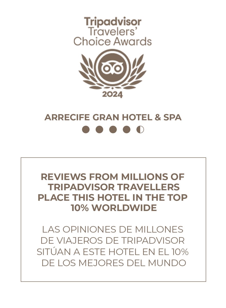 El Arrecife Gran Hotel &amp; Spa ha sido reconocido con el Travelers' Choice Award 2024 de Tripadvisor, situándose entre el 10% de los mejores hoteles del mundo. #TripAdvisor