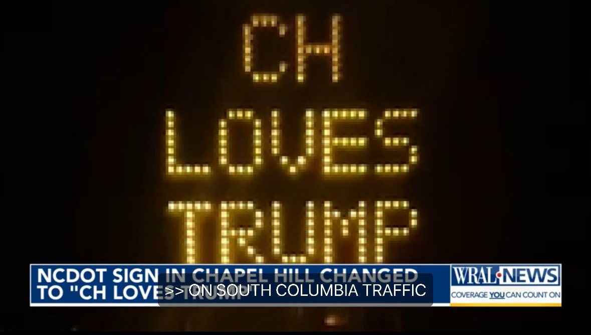 Someone hacked a traffic sign in Chapel Hill, NC and put “CH LOVES TRUMP.”

I don’t condone this - but it’s funny as h*ll 🤣🤣