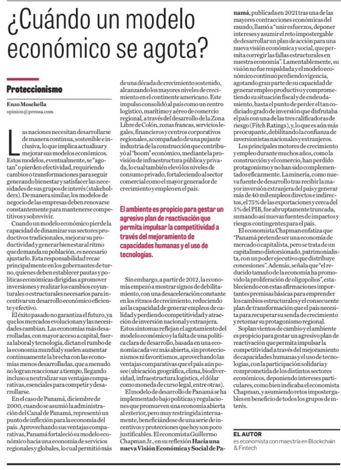 Cuando un modelo económico pierde la capacidad de dinamizar sus sectores productivos tradicionales, mejorar su productividad y generar bienestar al ritmo que demanda su población, es necesario ajustarlo. Adjunto artículo de opinión publicado en La Prensa de Panamá