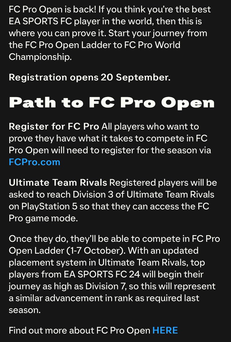 🚨 REGISTRO ABIERTO PARA EA FC 25 🚨

A pesar de que abría el día 20 de septiembre, algunos jugadores ya están pudiendo registrarse para el circuito competitivo. 

➡️ events.ea.com/fc-pro/registe… ⬅️

Cualquier nueva información al respecto, será compartida. Si los deja registrarse,