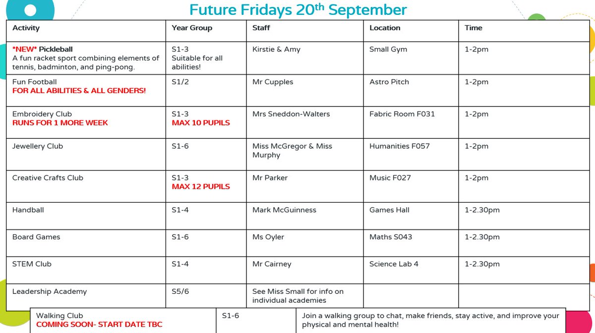 ⭐️FUTURE FRIDAYS 20TH SEPT⭐️
<a href="/CumbernauldAcad/">Cumbernauld Academy</a> <a href="/CumberAcadPE/">Cumbernauld Acad. PE 🏳️‍🌈</a> 
🏓S1-3 Pickleball
⚽️S1/2 Fun Football 
🤾‍♀️S1-4 Handball
🎲S1-6 Board Games
🪡S1-3 Embroidery 
💎S1-6 Jewellery
🖌️S1-3 Crafts
👩‍🔬S1-4 STEM
