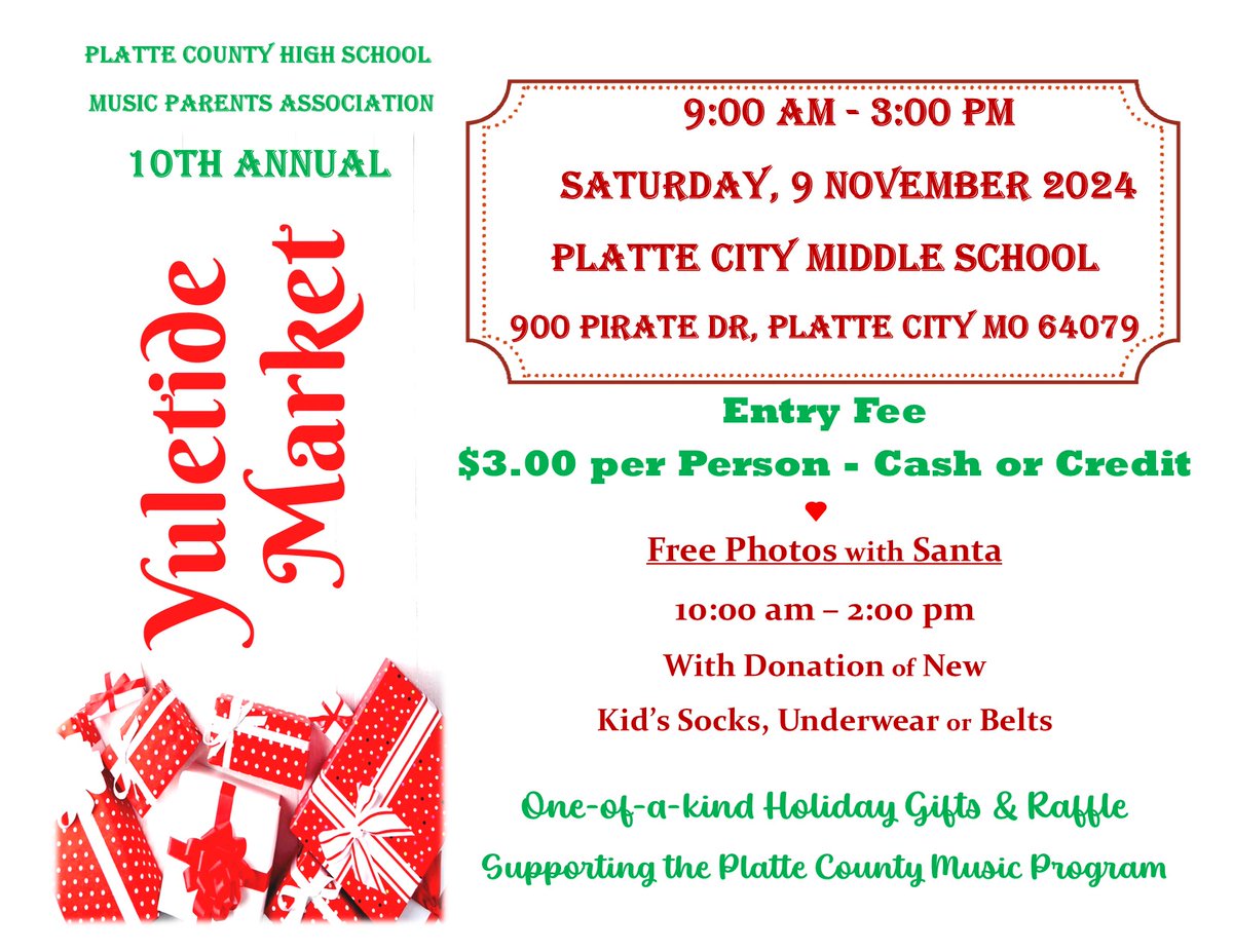 PlatteCountyPirates (@plattecountyr3) on Twitter photo 10th annual Yuletide Market Nov. 9, 9am-3pm @ PCMS, featuring local crafters, artisans & chefs. $3 Admission includes 2 raffle 🎟️. Bring new children's socks, underwear, or belts for photos w/🎅 during his 10am to 2pm visit. Benefits <a href="/PlatteCoBands/">Platte County Bands</a> & <a href="/PCHSChoirs/">PCHS Choirs</a>! 10th annual Yuletide Market Nov. 9, 9am-3pm @ PCMS, featuring local crafters, artisans & chefs. $3 Admission includes 2 raffle 🎟️. Bring new children's socks, underwear, or belts for photos w/🎅 during his 10am to 2pm visit. Benefits <a href="/PlatteCoBands/">Platte County Bands</a> & <a href="/PCHSChoirs/">PCHS Choirs</a>!