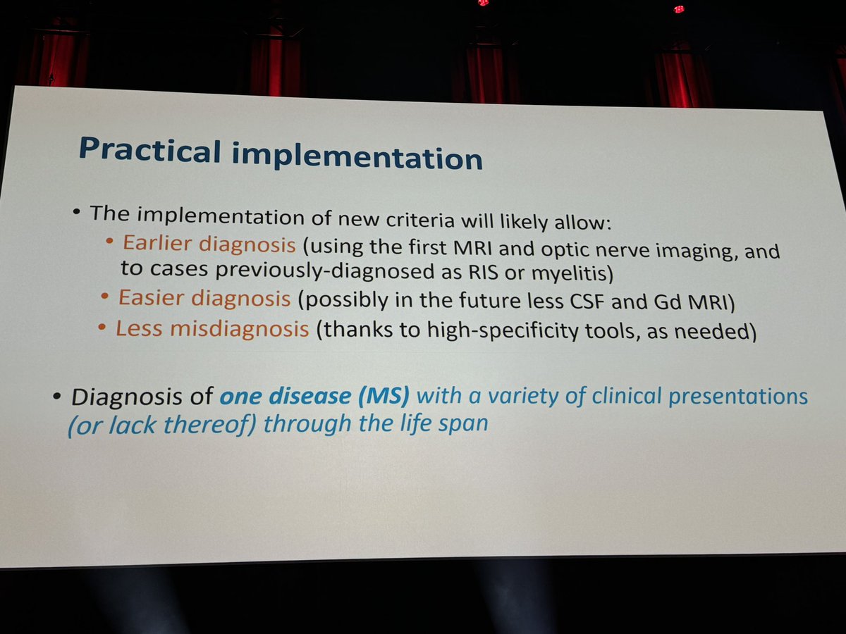 Moccia: the 2024 McDonald criteria will result improved imaging protocols: SWI for CVS and PRL, Spinal cord MRI, imaging optic nerve, CSF with OB and kFLC #ECTRIMS2024
