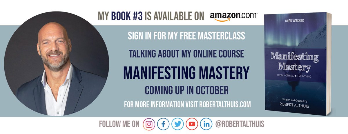 robertalthuis's tweet photo. "Manifesting Mastery" is OUT #today on #amazon as part of my #New #upcoming #onlinecourse in #oct about #Demystifying #manifestation to #create the life you desire
JOIN ME on Oct 8th, 7pm E.S.T. in a #free #Live #MASTERCLASS here: https://t.co/jofq7tXmX1
@robertalthuis https://t.co/BPEIFmppix