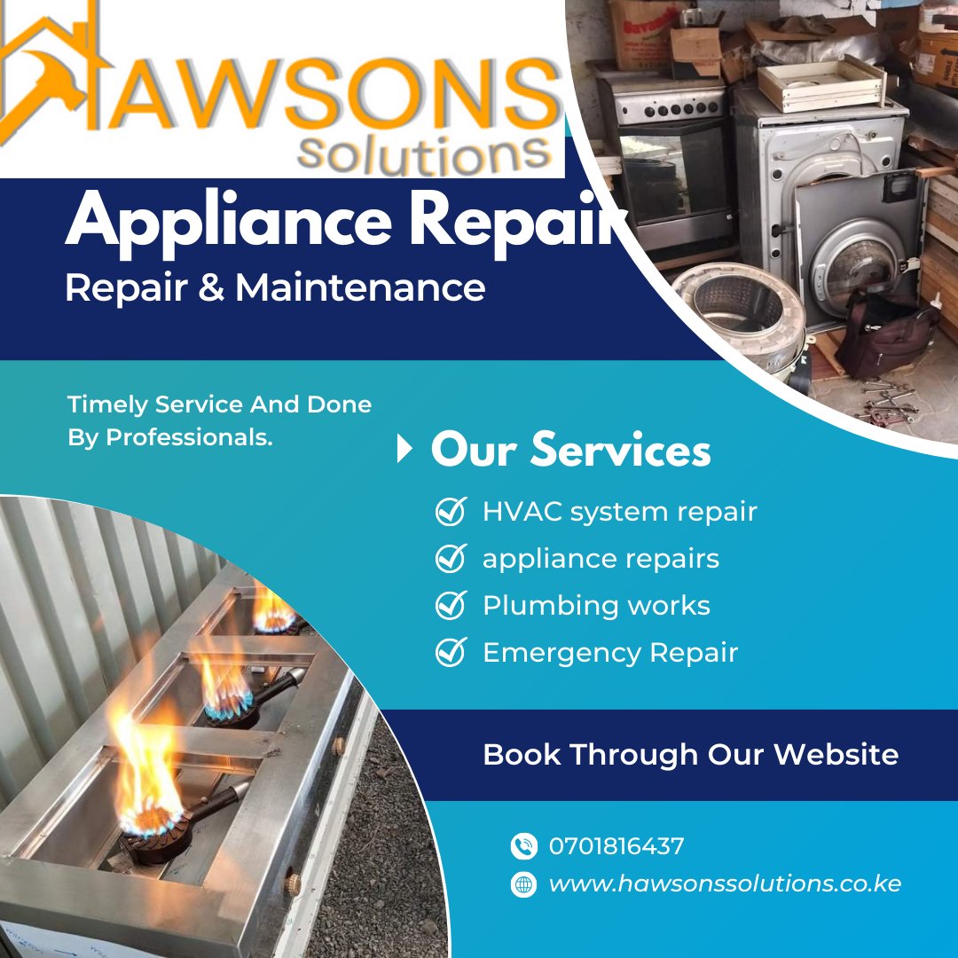 From laundry rooms to kitchens, we’ve got your back! 💪 Expert repairs for washers, dryers, stoves, and more. Trust us to get the job done right. Book now hawsonssolutions.co.ke 0701816437 Quickmart John Mbadi Kahawa Sukari