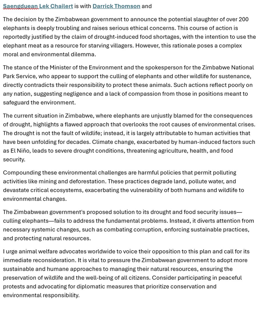 Namibia &amp; Zimbabwe mass wildlife culls, including more than 300 elephants (whose tusks will go to the corrupt govts' ivory stockpiles $$$), have raised alarm among conservationists the world over. These culls will in no way help solve hunger, drought, HEC. Pls RT.