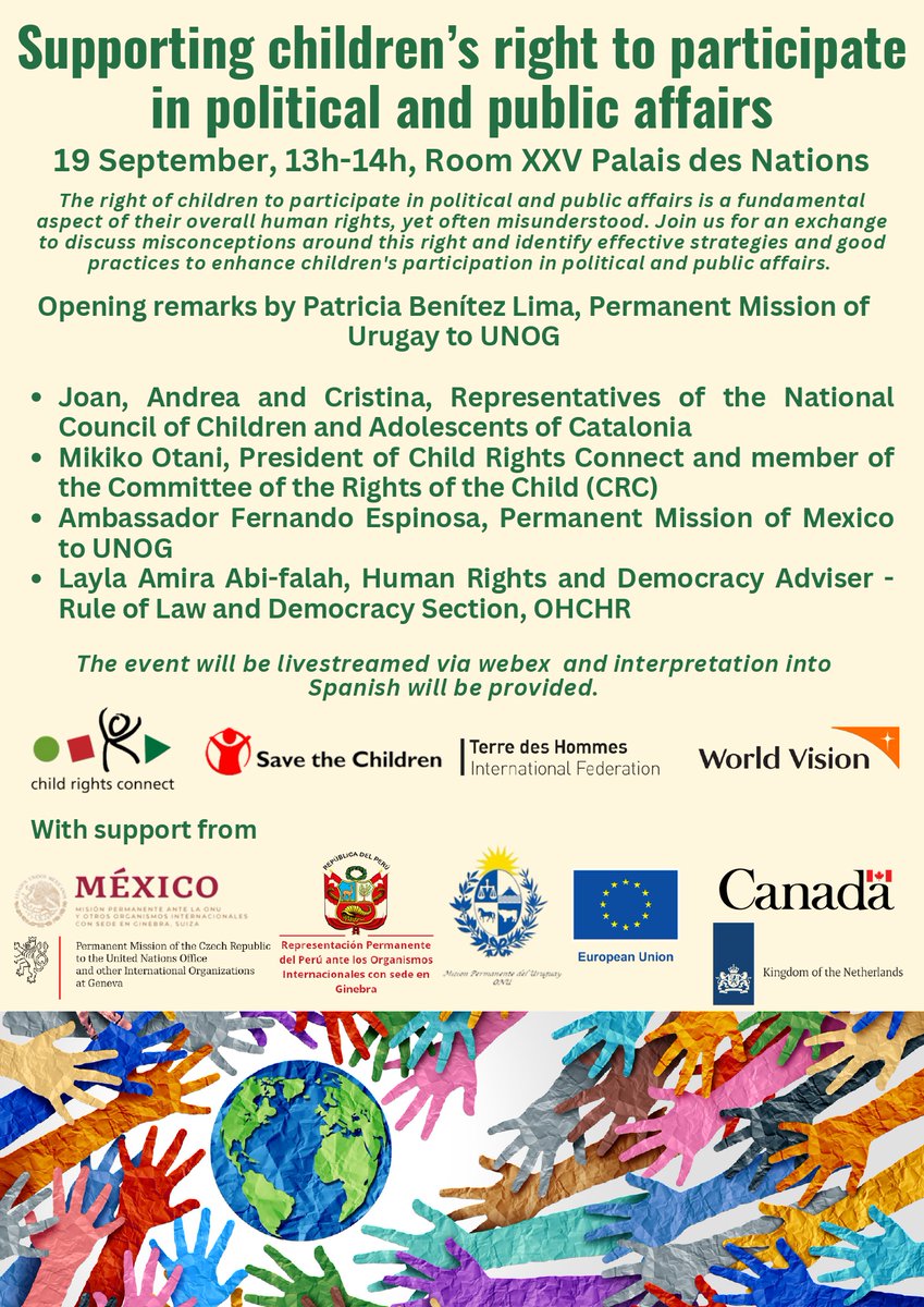 Child Rights Connect (@childrightscnct) on Twitter photo 📡2 DAYS TO GO!
📅 SAVE THE DATE: 19th Sept
Join us at the Human Rights Council 57th Session Side Event: Supporting Children’s Right to Participate in Public Affairs 🌍👧👦
📍 Palais des Nations, 13:00-14:00, room XXV
Contact programmes1@childrightsconnect.org to join online. 📡2 DAYS TO GO!
📅 SAVE THE DATE: 19th Sept
Join us at the Human Rights Council 57th Session Side Event: Supporting Children’s Right to Participate in Public Affairs 🌍👧👦
📍 Palais des Nations, 13:00-14:00, room XXV
Contact programmes1@childrightsconnect.org to join online.