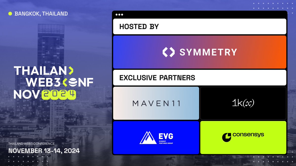 thw3official's tweet photo. Get ready for Thailand Web3 Conference 2024 (#THW3) hosted by @symmetry_xyz supported by our exclusive partners @Maven11Capital, @1kxnetwork, @EVGHQ, and @Consensys

See you in Bangkok, Thailand on November 13-14, 2024! https://t.co/Gi1vTJzB27