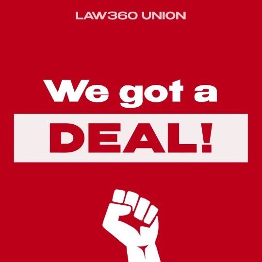 law360union's tweet image. WE HAVE A DEAL! (1 of 3) We have ended our week-long ULP strike after agreeing late last night to a five-year contract deal.