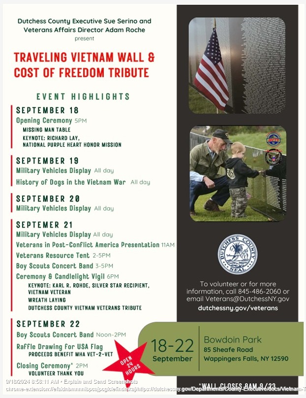 Visit the Vietnam Traveling Memorial Wall honoring #DutchessCounty servicemen that lost their lives in Vietnam, at Bowdoin Park on Saturday September 21. travelingwall.us #Vietnam #Veterans