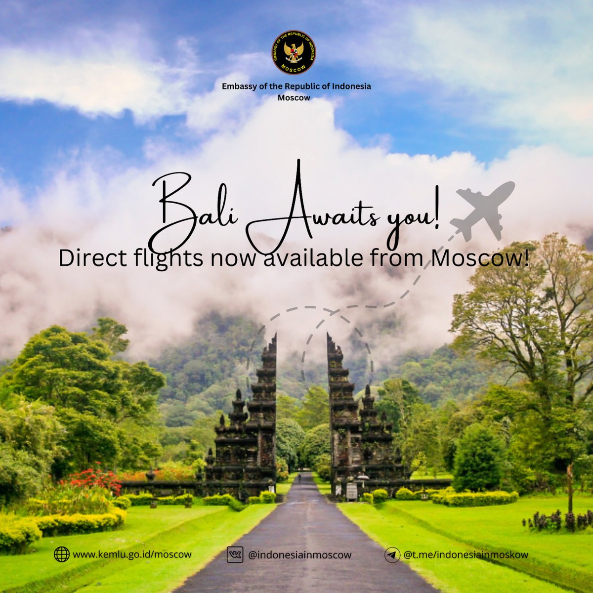 KBRI MOSKOW (@kbrimoskow) on Twitter photo We are thrilled to announce the launch of direct flights from Moscow to the beautiful island of Bali! Your dream vacation awaits you with stunning beaches, rich Balinese culture, and unforgettable adventures.
📅 Starting from 17 September 2024
<a href="/Kemlu_RI/">MoFA Indonesia</a>
@Kemenparekraf We are thrilled to announce the launch of direct flights from Moscow to the beautiful island of Bali! Your dream vacation awaits you with stunning beaches, rich Balinese culture, and unforgettable adventures.
📅 Starting from 17 September 2024
<a href="/Kemlu_RI/">MoFA Indonesia</a>
@Kemenparekraf