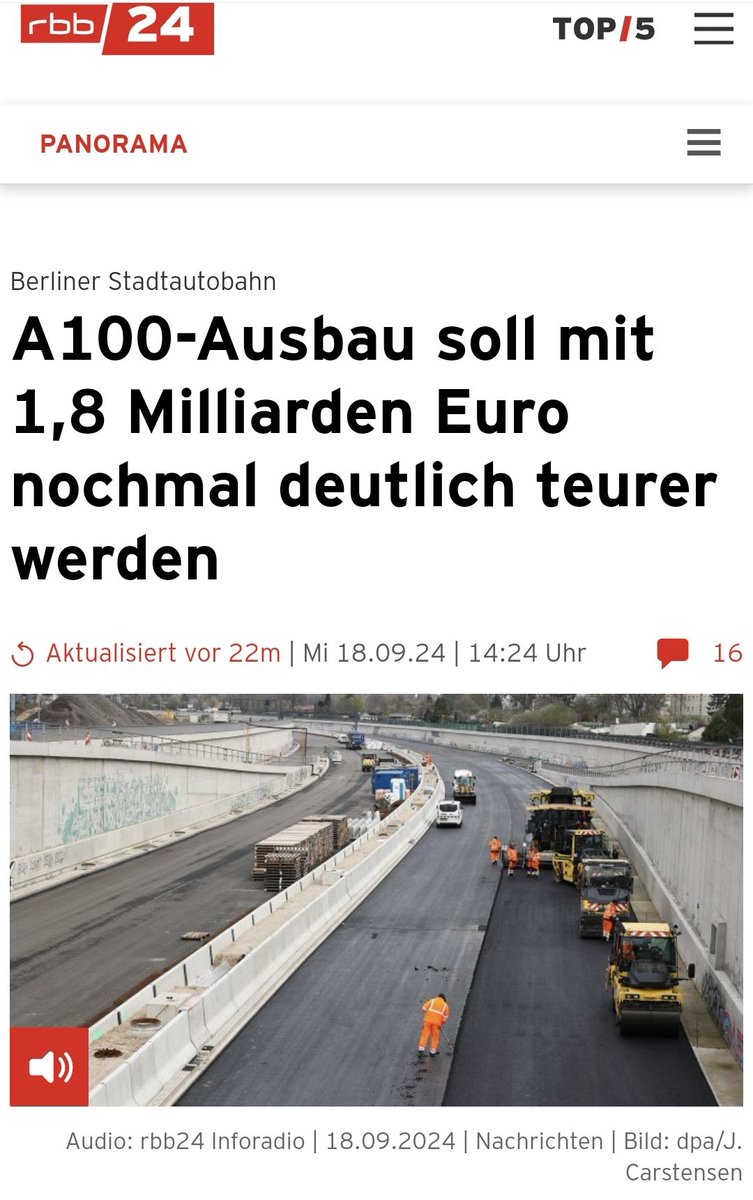 Der 4,1 km lange 17. Bauabschnitt der #A100 soll mindestens 1,1 Milliarden Euro kosten. 

Das wären 268.292,68 € pro Meter! 

Diese Verschwendung unserer Steuergelder können wir uns weder finanziell noch klimapolitisch leisten. 

rbb24.de/panorama/beitr… <a href="/CCitiesOrg/">Changing Cities e.V.</a>
