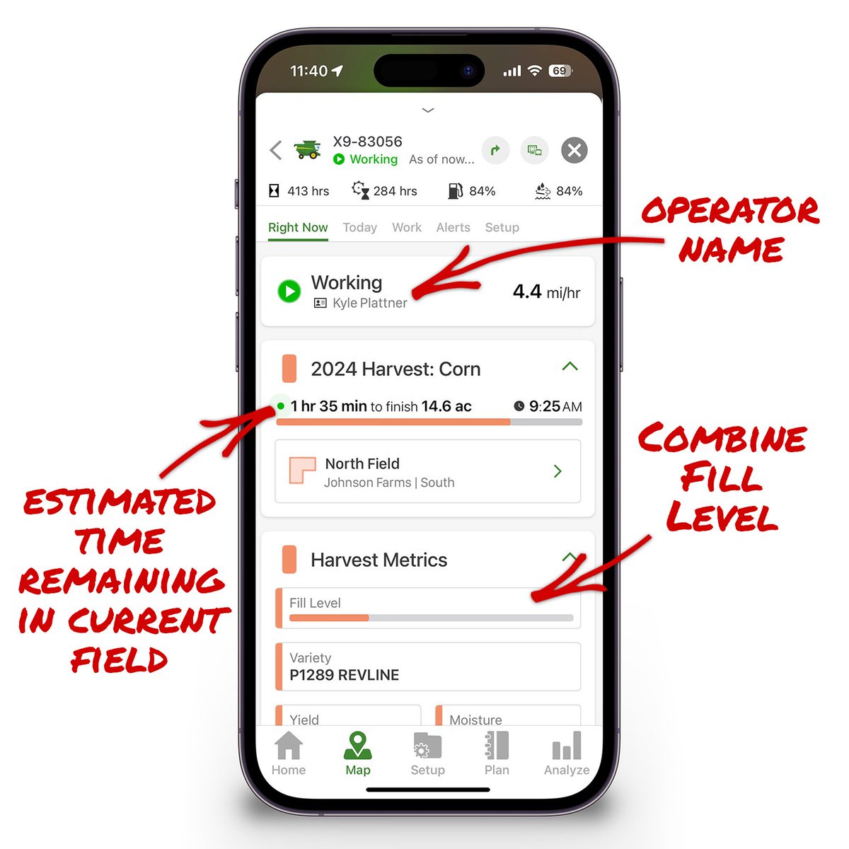 Tap on any combine in <a href="/JohnDeere/">John Deere USA</a> Operations Center Mobile and instantly see who is in the cab, what field it's in, an estimate of how much longer it will be there, the current fill level, what variety it's harvesting, it's yield, moisture, throughput, productivity, etc.