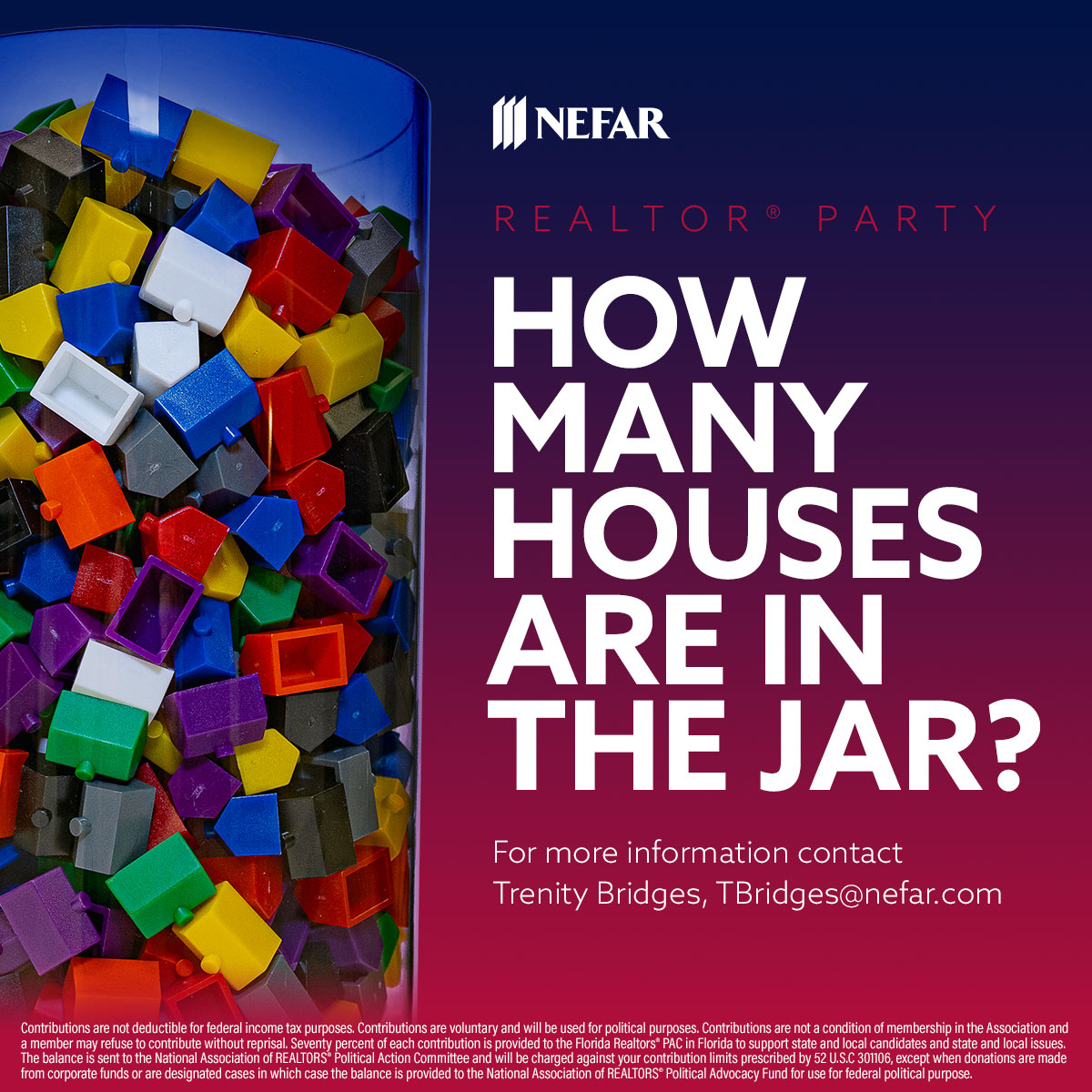 yourNEFAR's tweet photo. Time is running out! ⏳ This Friday at the NEFAR Annual Meeting we will be announcing the winner of the jar of houses contest! Submit your guess before the deadline for your chance to win big and support the Realtor® Party!
#NEFAR #REALTORParty https://t.co/yE0xtKq2bq