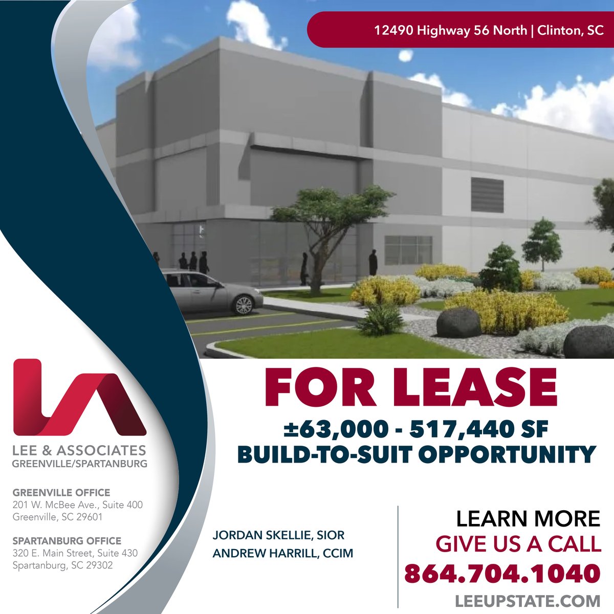 BUILD TO SUIT!
Lee &amp; Associates Greenville / Spartanburg is pleased to present this ±63,000 - 517,440 SF build-to-suit opportunity for lease located at 12490 Highway 56 North in Clinton, SC. 
Click here to view the property online: 
loom.ly/eJvPt6o