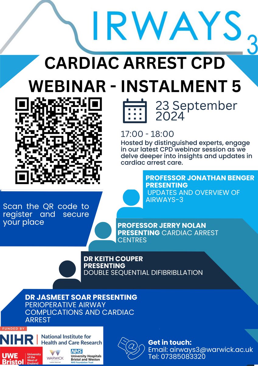 AIRWAYS-3 (@airways_3) on Twitter photo 🚨Last Call!🚨 Tune in to the AIRWAYS-3 Webinar happening on 23rd September from 17:00-18:00!
Join experts like <a href="/KeithCouper/">Keith Couper</a>, Prof Jerry Nolan, Prof Jonathan Benger, and <a href="/jas_soar/">Jasmeet Soar</a> as they share insights on cardiac arrest care.
Scan the QR code or follow the link to register👇 🚨Last Call!🚨 Tune in to the AIRWAYS-3 Webinar happening on 23rd September from 17:00-18:00!
Join experts like <a href="/KeithCouper/">Keith Couper</a>, Prof Jerry Nolan, Prof Jonathan Benger, and <a href="/jas_soar/">Jasmeet Soar</a> as they share insights on cardiac arrest care.
Scan the QR code or follow the link to register👇