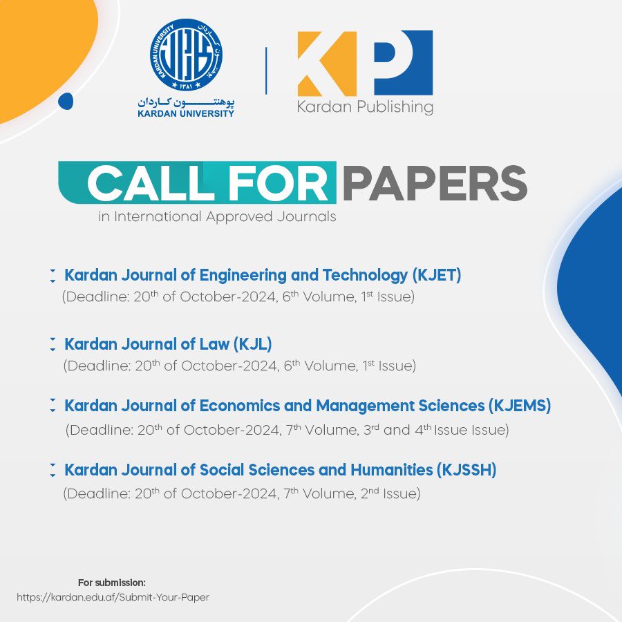 Call for Paper!

The Department DRD invites authors to submit their original, unpublished work to Kardan Journals.

Submit Your Research Paper through: rb.gy/t7yena 
To know more about submission guidelines, kindly visit our website: rb.gy/s23h73