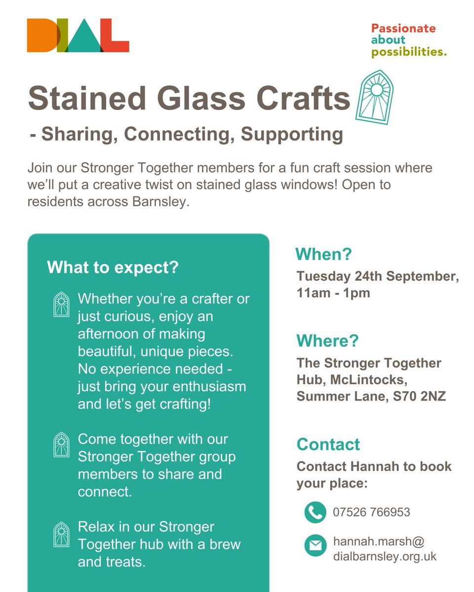 DIALBarnsley's tweet photo. Join us for another exciting week of events next week! Get creative with crafting stained glass windows, bingo and more... 

See all our events ➡ https://t.co/BDsGitvN5h 

#PassionateAboutPossibilities #BarnsleyIsBrill https://t.co/IViCW47qG6