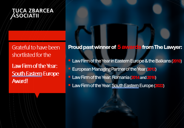 TucaZbarcea's tweet photo. We are honored to be shortlisted for Law Firm of the Year: South Eastern Europe at The Lawyer European Awards 2024. This recognition reflects our team’s dedication to excellence. We look forward to the awards ceremony on 28 November! 
#TheLawyerAwards #LegalExcellence https://t.co/Ot3csigtiW