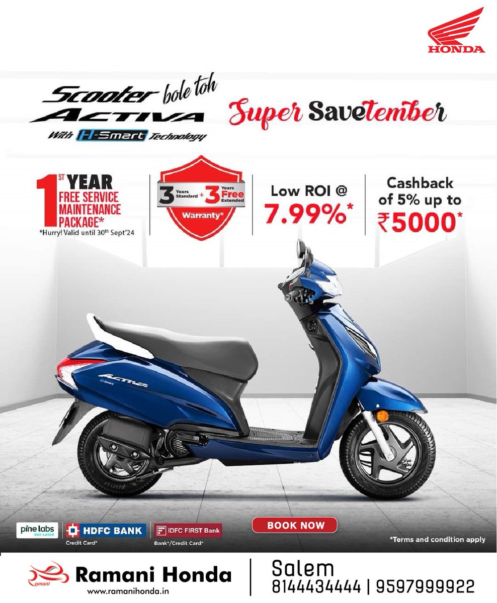 RamaniHonda's tweet photo. Steer toward big savings on your perfect ride! Get incredible deals on Honda 2wheelers. Enjoy an exclusive 5% cashback upto INR 5000, with free service maintenance package for a year and 3 + 3 years of warranty. Dont delay - visit our dealership today!
#RamaniHonda #Honda https://t.co/WGBUyBQ8L0