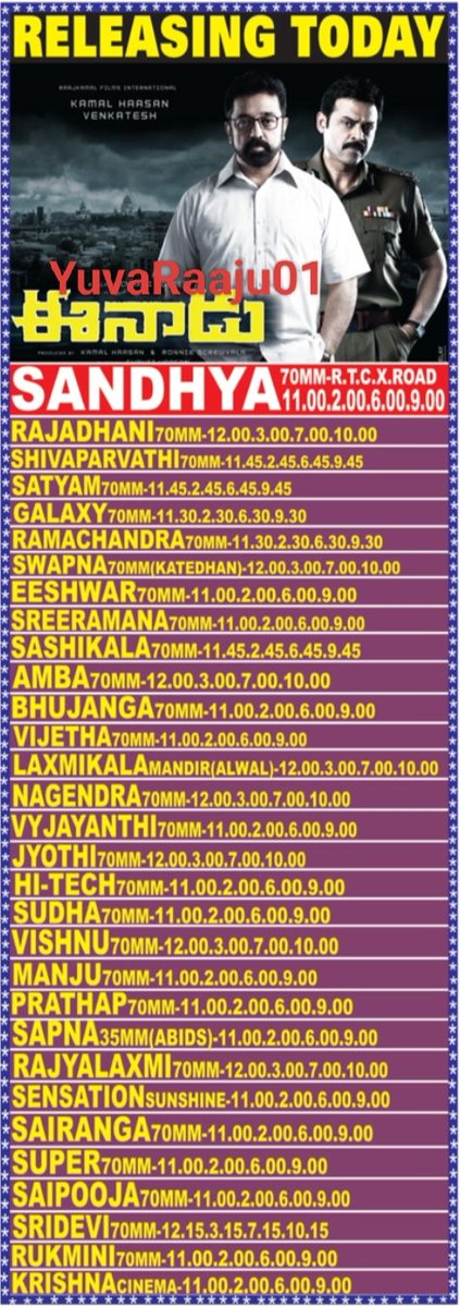 YuvaRaaju01's tweet photo. #15YearsForEenaadu
Starring: @ikamalhaasan , @VenkyMama
Watched FDFS IN SANDHYA 70MM
Official remake of Hindi movie #TheWednesday
Hyd - SANDHYA 70MM - 28Days RUN Replaced with #AllTheBest
Secbad - MANJU - 6Days RUN Replaced with #Ganesh https://t.co/5wmo2hrSGS