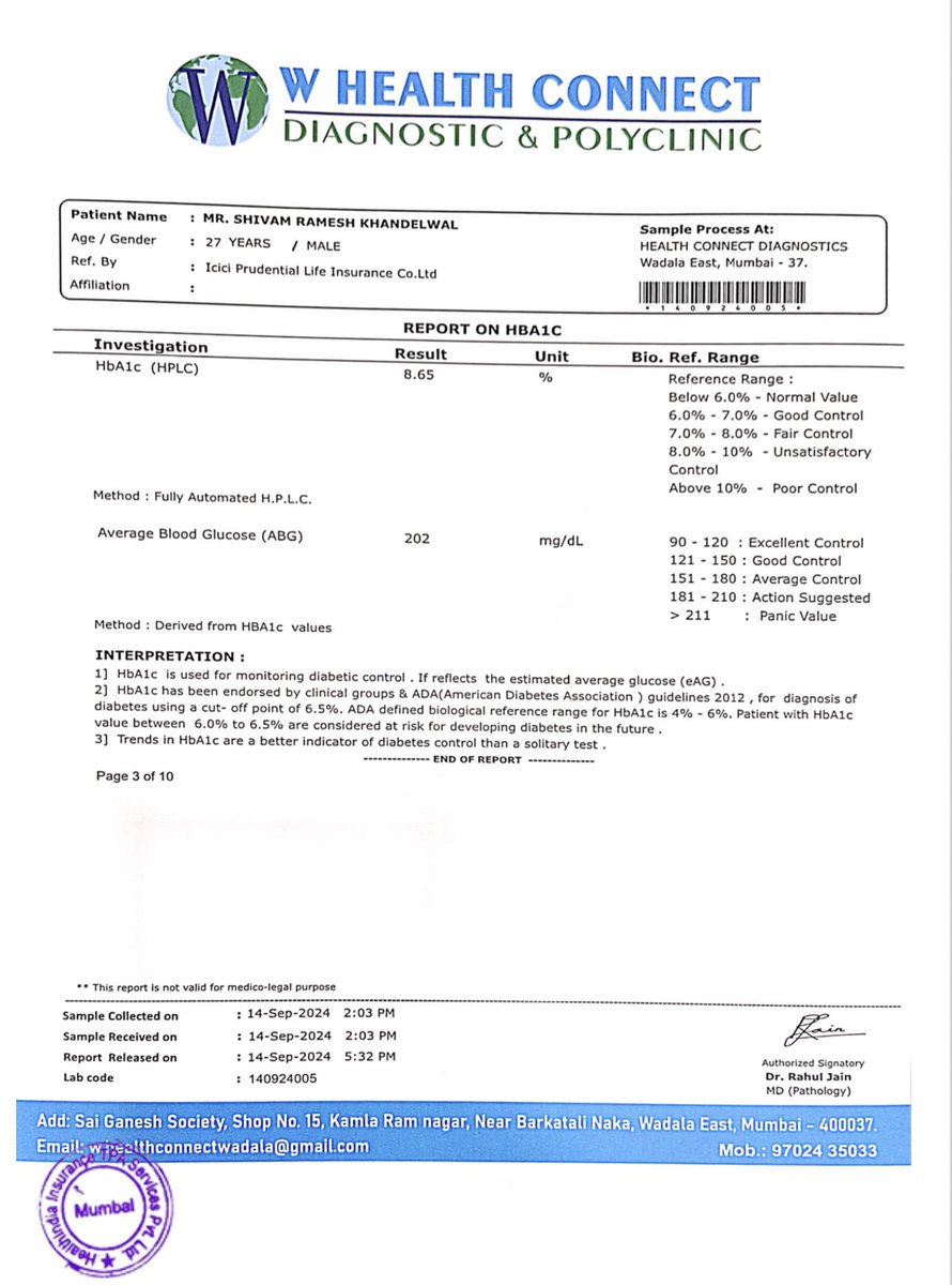 s_r_khandelwal's tweet photo. It was a traumatic day for me & my family. 

Had applied for Icici Pru term insurance through @policybazaar and got detected with high diabetes (8.65 Hba1c) in today's report which was organised by @ICICIPruLife via W Health Connect Diagnostic & Polyclinic. 

To reconfirm it I did another test today @MetropolisLab  and my report was normal. Where is the gap? Who is responsible for the kind of trauma my family went to? Attaching both screenshot for reference! @MoHFW_INDIA @baxirahul