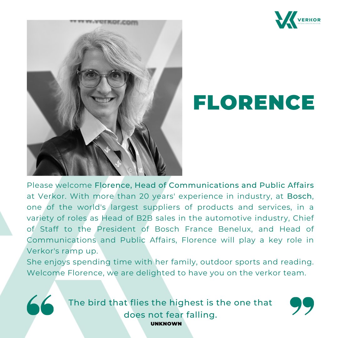 #VerkorTeam

Meet Florence, Head of Communications and Public Affairs at Verkor. Her experience in the industrial sector, particularly in the automotive industry, and her expertise in business, communications and public affairs will be major assets for Verkor. 

#Welcome