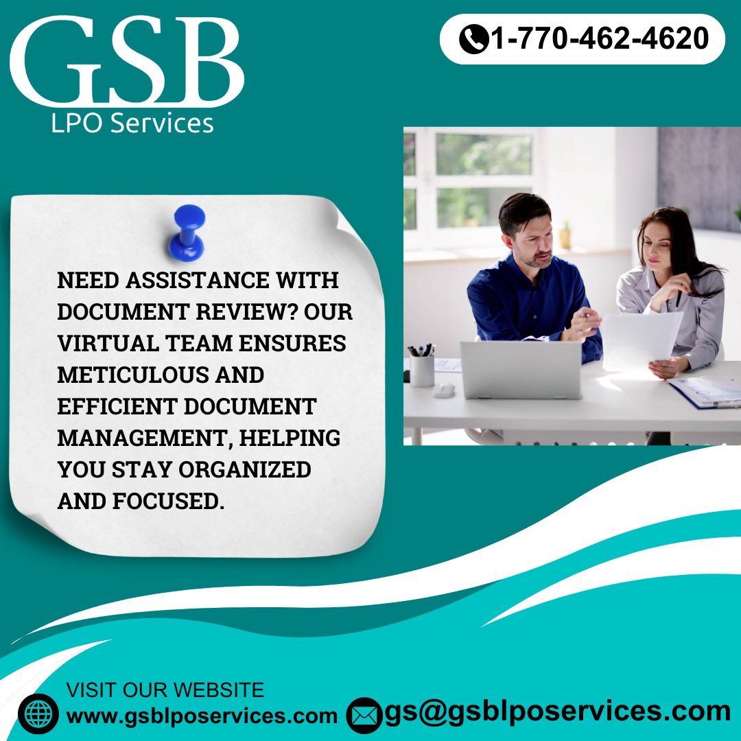 GsbLPOServices's tweet image. Struggling with document review? Our virtual team is here to help! With a keen eye for detail and a commitment to efficiency, we handle all aspects of document management to ensure nothing falls through the cracks. 

#GSBLPO #LegalProcessOutsourcing #VirtualLegalAssistance