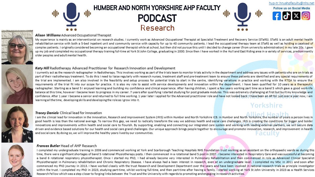 📢We are hosting our first Podcast series, launching on AHP Day! Speaking on research, we will be welcoming Alison Williams, Katy Hill, Tracey Daniels and Frances Butler. Got a question for our panel? Email hyp-tr.hnyahpfaculty@nhs.net or comment below
