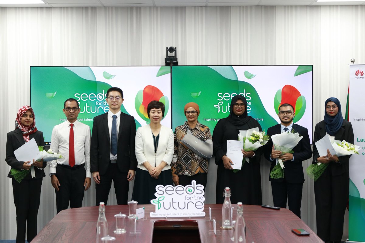 MoHEmv's tweet photo. Minister Dr. Maryam Mariya spoke at the "Seeds for the Future" program event, joined by the Ambassador of China to the Maldives, H.E. Wang Lixin, and the Country Director of Huawei Maldives, Mr. Chen Keyang. The partnership between the Maldives and Huawei aims to empower youth through education in advanced technologies like 5G, AI, and Cloud. Dr. Mariya praised the program for fostering future leaders and highlighted Huawei's commitment to inclusivity, ensuring at least one-third of participants are women. She also emphasized the importance of global partnerships in building a modern, digitally empowered education system in the Maldives.