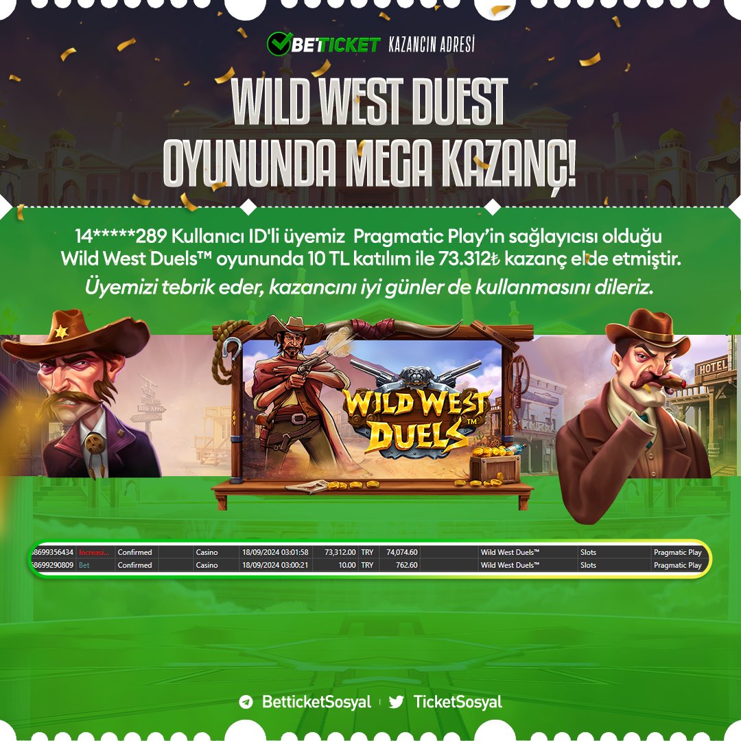 🎉 14*****289 kullanıcı numaralı üyemiz Pragmatic Play sağlayıcısının Wild West Duels™ oyununda 10₺ katılım ile 73.312₺ kazanç elde etmiştir.

🥳 Üyemizi tebrik eder kazancını iyi günlerde kullanmasını dileriz.