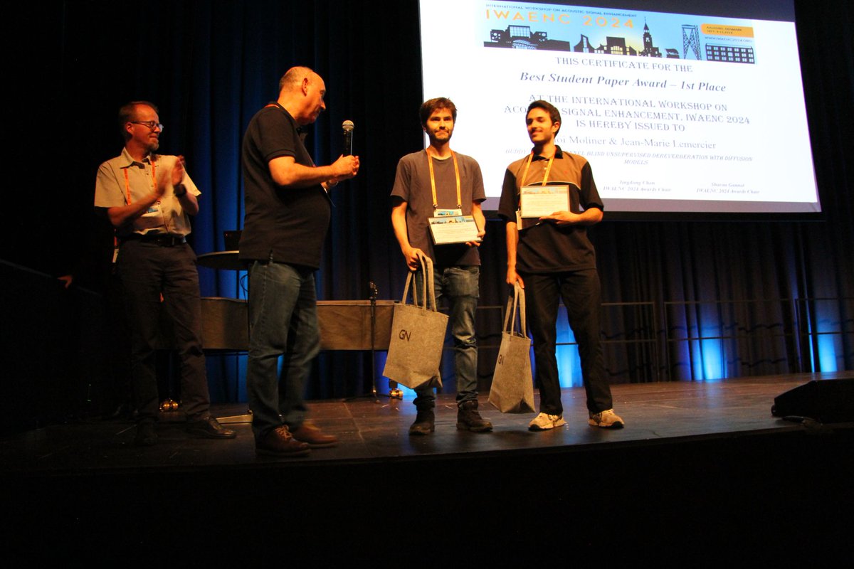 Best Student Paper Award at IWAENC 2024 with <a href="/moliner_eloi/">Eloi Moliner</a> for our joint work on Unsupervised Speech Dereverberation using Diffusion Models!!

Thanks to <a href="/_cobalamin/">Simon</a> <a href="/sp_uhh/">Signal Processing, Uni Hamburg</a> <a href="/AaltoAkuLab/">Aalto Acoustics Lab</a> for the great work!

More publications on the topic: inf.uni-hamburg.de/en/inst/ab/sp/…