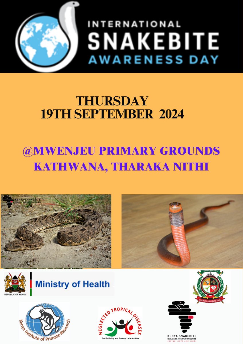 Kenya Institute of Primate Research - KIPRE (@primateresearch) on Twitter photo Did you know Tharaka Nithi county is endemic to snakebites? Join us as we commemorate #ISBAD. We aim to create awareness and educate communities on how to prevent snakebites and how best to seek medication when one is bitten.
Don't be a victim! Join us and learn.
<a href="/K_SRIC/">Kenya Snakebite Research and Intervention Centre</a> Did you know Tharaka Nithi county is endemic to snakebites? Join us as we commemorate #ISBAD. We aim to create awareness and educate communities on how to prevent snakebites and how best to seek medication when one is bitten.
Don't be a victim! Join us and learn.
<a href="/K_SRIC/">Kenya Snakebite Research and Intervention Centre</a>