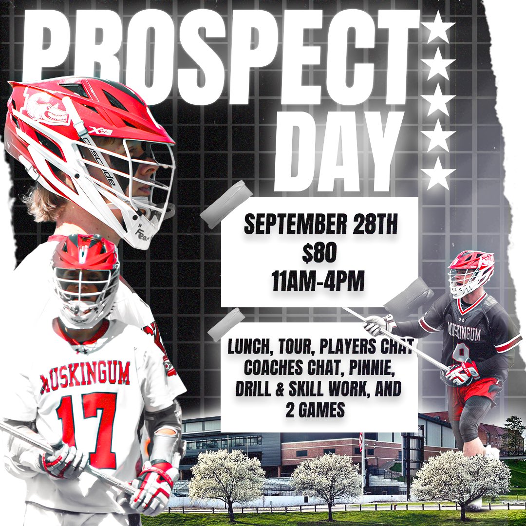Muskingum Lacrosse (@muskiemenslax) on Twitter photo Prospect day is less than 2 weeks away!!! A few spots remain at every position! Reach out to Coach J with any questions. #DefendTheM #GGGA
-
ποΈ: Film from event
π: Lunch included
π½: Pinnie included
π«: Campus tour
π₯: Drill & skill work + 2 games
menslacrosse.fightingmuskiescamps.com/prospect-day.c⦠Prospect day is less than 2 weeks away!!! A few spots remain at every position! Reach out to Coach J with any questions. #DefendTheM #GGGA
-
ποΈ: Film from event
π: Lunch included
π½: Pinnie included
π«: Campus tour
π₯: Drill & skill work + 2 games
menslacrosse.fightingmuskiescamps.com/prospect-day.cβ¦