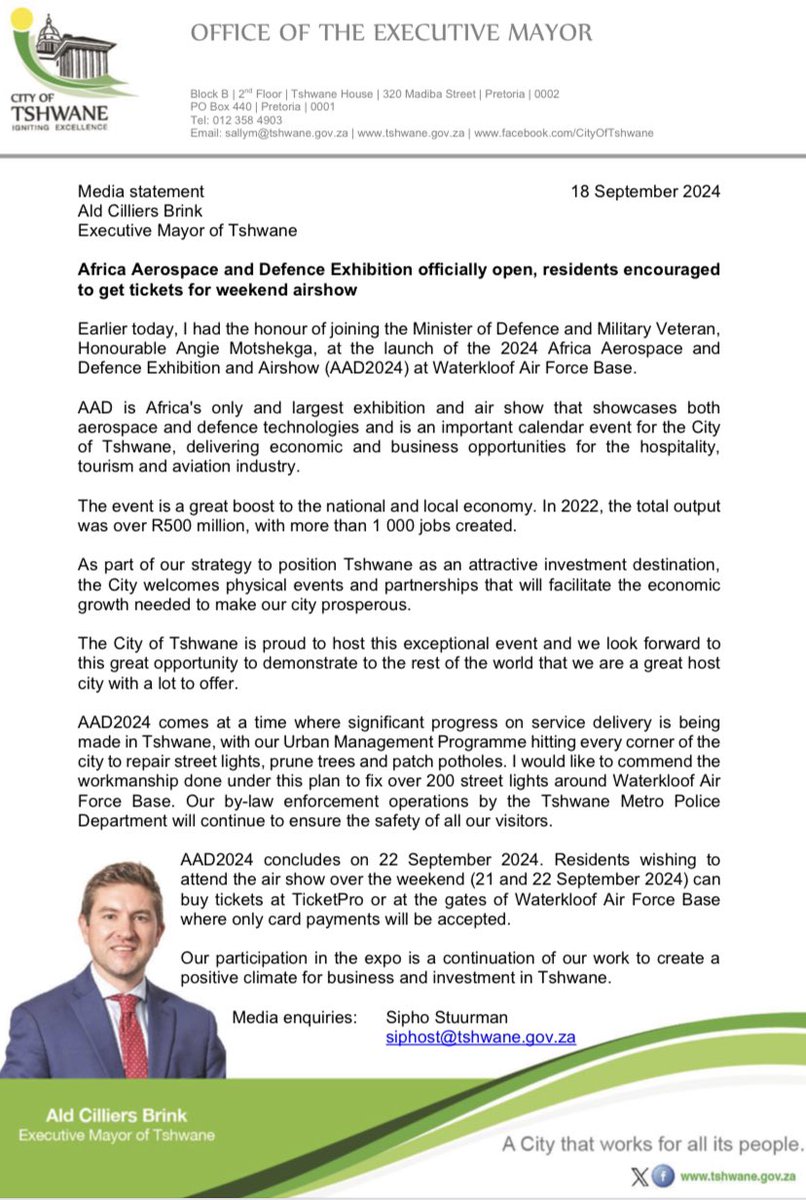 CilliersB's tweet image. STATEMENT: Africa Aerospace and Defence Exhibition officially open, residents encouraged to get tickets for weekend airshow. #AAD2024