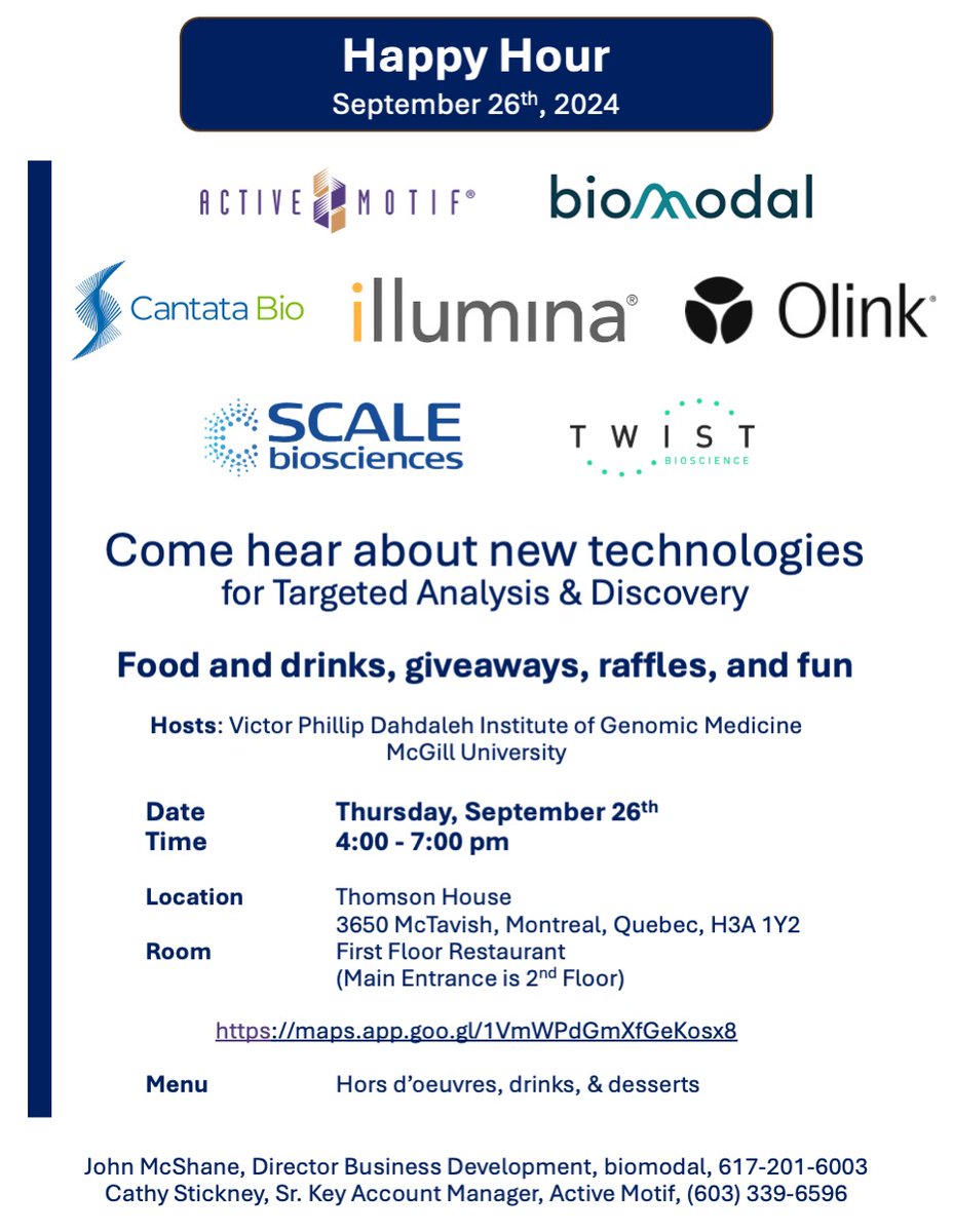 Please join us on Thu, Sep 26 from 4-7pm for a Technology Happy Hour!

Meet representatives from <a href="/activemotif/">Active Motif</a> <a href="/biomodalhq/">biomodal</a> <a href="/CantataBio/">Cantata Bio</a> <a href="/DTGenomics/">Dovetail Genomics</a> <a href="/illumina/">Illumina</a> <a href="/OlinkProteomics/">Olink Proteomics</a> <a href="/scalebio/">Scale Biosciences</a> <a href="/TwistBioscience/">Twist Bioscience</a> and discuss how their products can help your research.

linkedin.com/events/technol…