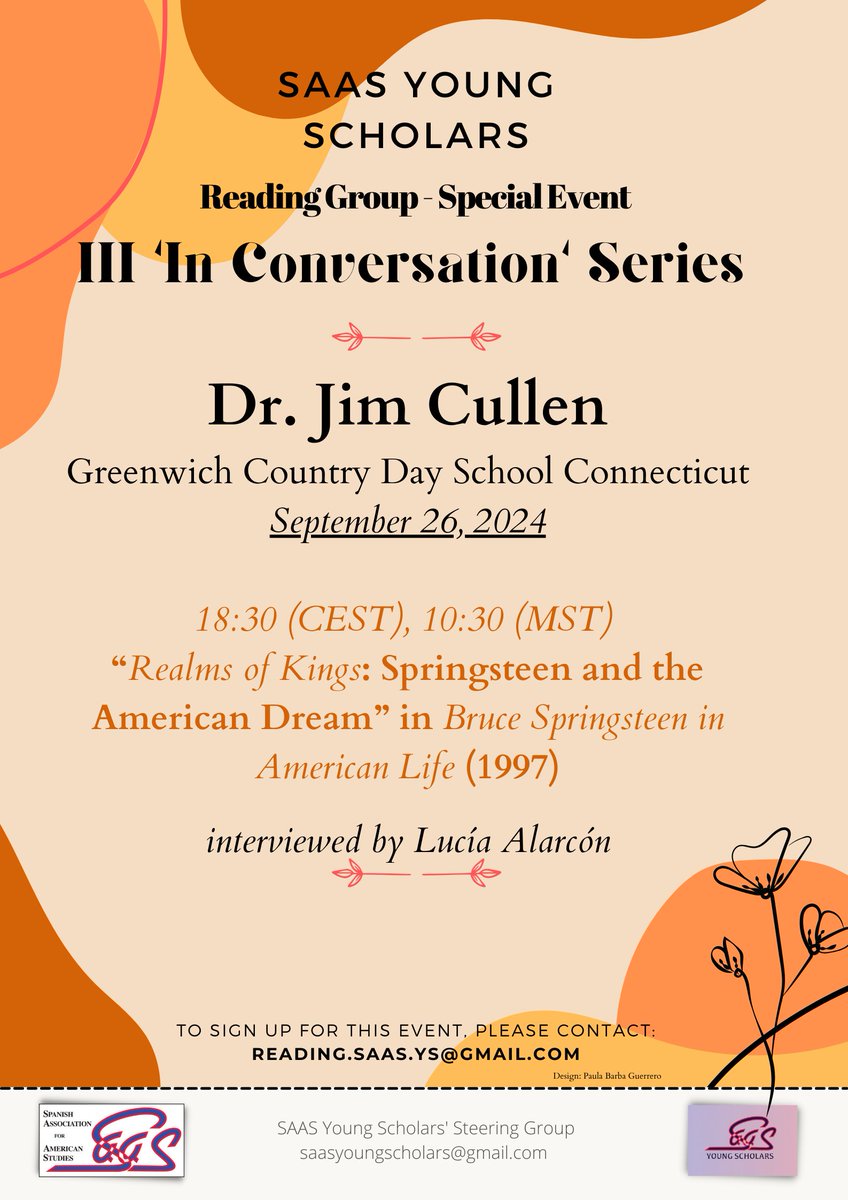 🤩🎸Getting ready for an engaging conversation on Dr. Jim Cullen's "Realms of Kings: Springsteen and the American Dream"  (1997) —interviewed by Lucía Alarcón

📅Join us on Sept. 26 — 18.30 CEST
📩Free registration: reading.saas.ys@gmail.com
🔗More info: shorturl.at/iJvll
