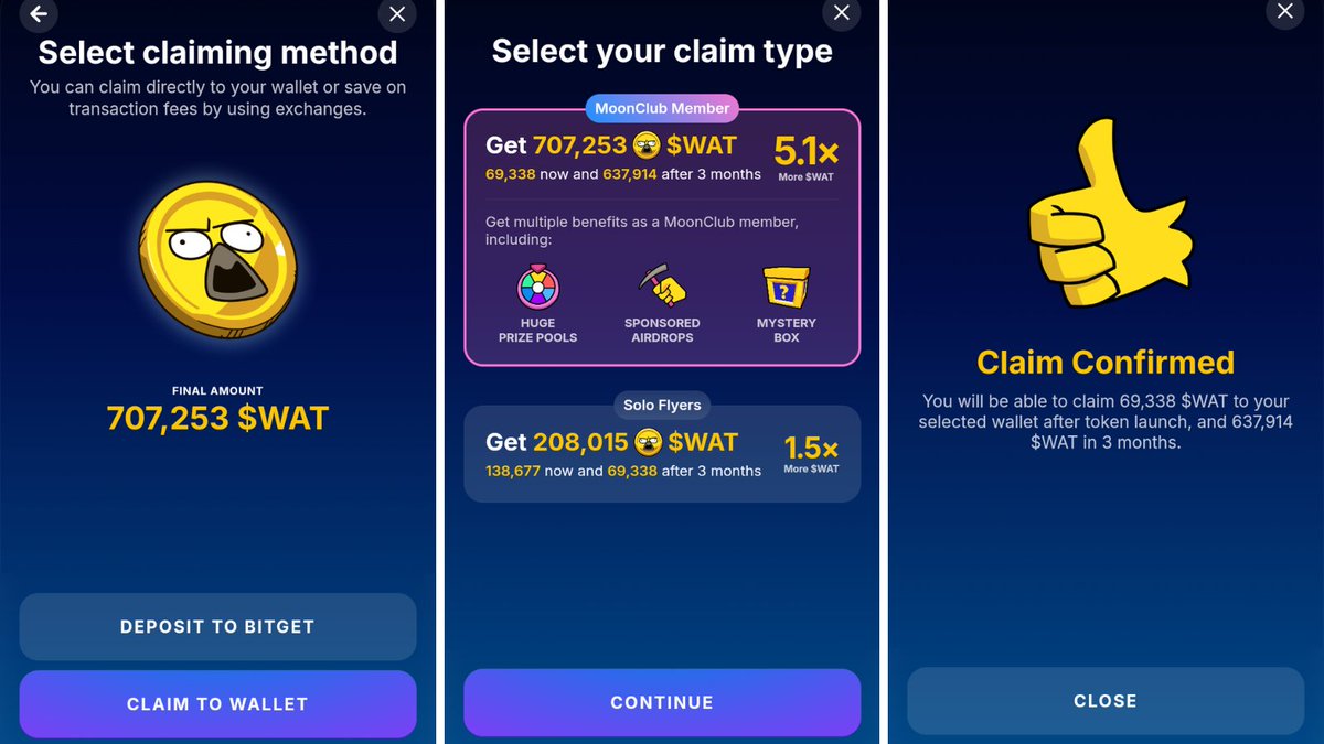 W3Vibes's tweet image. #WATCoin opened an airdrop token claim

You have less than 2 days to choose an option: 

☑️ Solo Flyer: Claim all of your $WAT now and get 50% more in 3 months
☑️ Moon Club Member: Claim half your $WAT now and get 460% more in 3 months (= 510% total, 3.4x more $WAT than Solo
