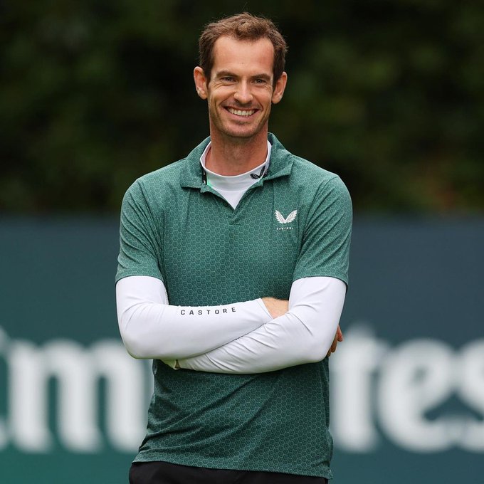 Photo of Andy Murray with arms folded on the tee at PGA Pro-Am at Wentworth Golf Course