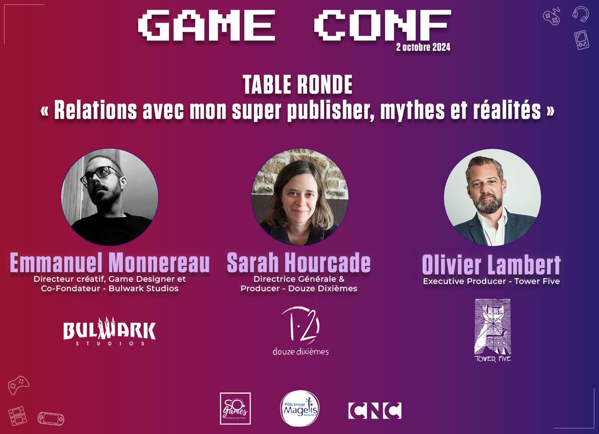 [PROGRAMME #GAMECONF2024]

Sarah Hourcade (Douze Dixièmes), Emmanuel Monnereau (<a href="/bulwarkStudios/">Bulwark</a>) et Olivier Lambert (<a href="/TowerFiveStudio/">Tower Five</a>) vous parleront de leurs collaborations avec leurs éditeurs à la Game Conf !🔥

➡ Programme : gameconf.fr/#programme

<a href="/magelisinfos/">Pôle Image Magelis</a> <a href="/LeCNC/">Le CNC</a>