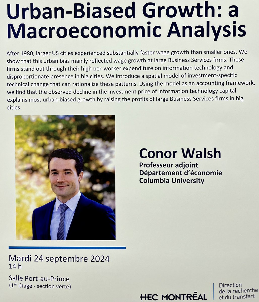 HEC Montréal-Économie appliquée/Applied Economics (@ecoahec) on Twitter photo Nous sommes ravis d'accueillir Professeur Conor Walsh (@Conor_A_Walsh) de <a href="/Columbia_Biz/">Columbia Business School</a> en tant que conférencier invité lors de notre prochain séminaire le 24 septembre. Professeur Walsh présentera sa recherche "Urban-Biased Growth: A Macroeconomic Analysis." Nous sommes ravis d'accueillir Professeur Conor Walsh (@Conor_A_Walsh) de <a href="/Columbia_Biz/">Columbia Business School</a> en tant que conférencier invité lors de notre prochain séminaire le 24 septembre. Professeur Walsh présentera sa recherche "Urban-Biased Growth: A Macroeconomic Analysis."