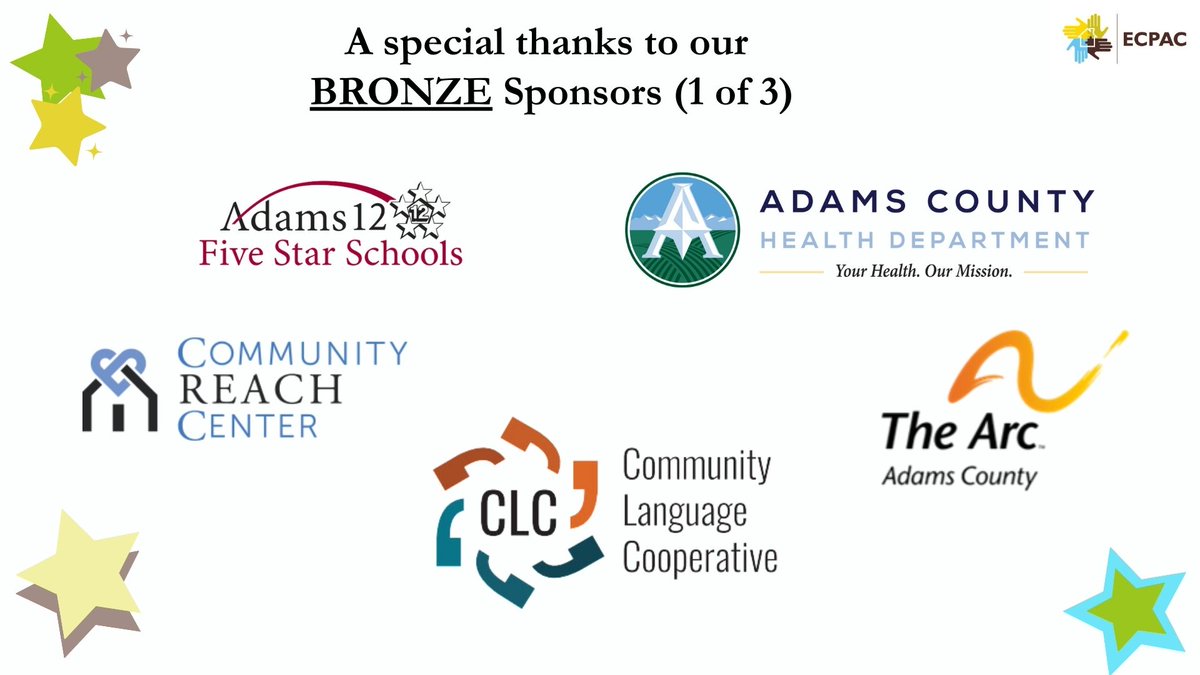 Today we begin our recognition of some of BRONZE sponsors. Thank you <a href="/Adams12/">Five Star Schools</a>, <a href="/adams_health/">Adams County Health Department</a>, @CommunityReachCenter, The <a href="/thearcadams/">The Arc of Adams County</a>, and @CommunityLanguageCooperative for your support!