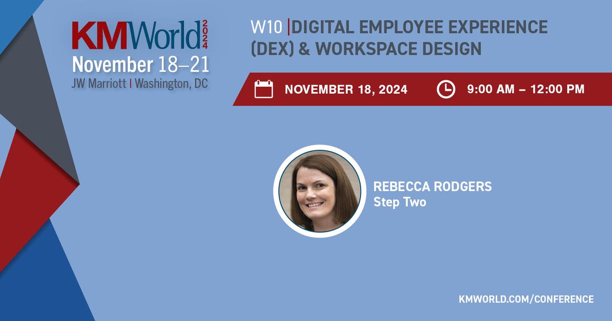 KMWorld's tweet image. Enhance your digital workplace! Join Rebecca Rodgers, #StepTwo, at #KMWorld to explore best practices. Register before Oct. 18th for Early Bird Pricing, use code KMW2024! kmworld.com/Conference/202…