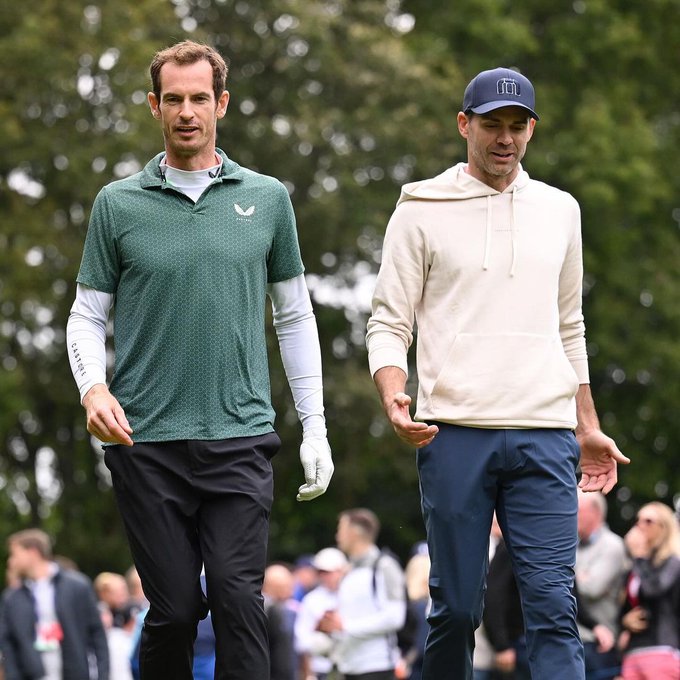 Photo of Andy Murray with Jimmy Anderson at the PGA Pro-Am at Wentworth Golf Course