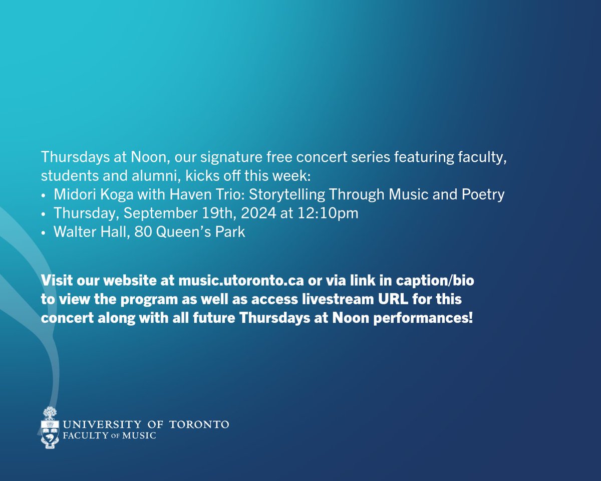 Our quintessential Thursdays at Noon series returns with a bang for 2024–25!!

music.utoronto.ca/event/thursday…

The Thursdays at Noon series is made possible in part by the Jay Telfer Forum Endowment Fund