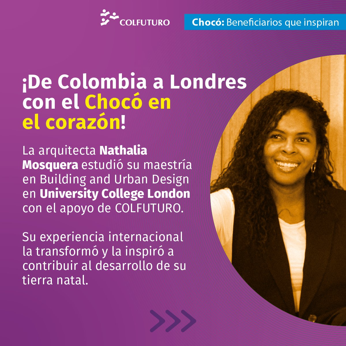 Colfuturo's tweet photo. 🌟 "Mi misión es contribuir a cualquier proyecto donde pueda ser útil" 🌟

Conoce a @namosquera, arquitecta que tras estudiar en el Reino Unido con #COLFUTURO, impacta el Chocó, la tierra de sus padres. 

Descubre más sobre su historia aquí: https://t.co/FUblcMaE3s https://t.co/2t1dQAUgoR