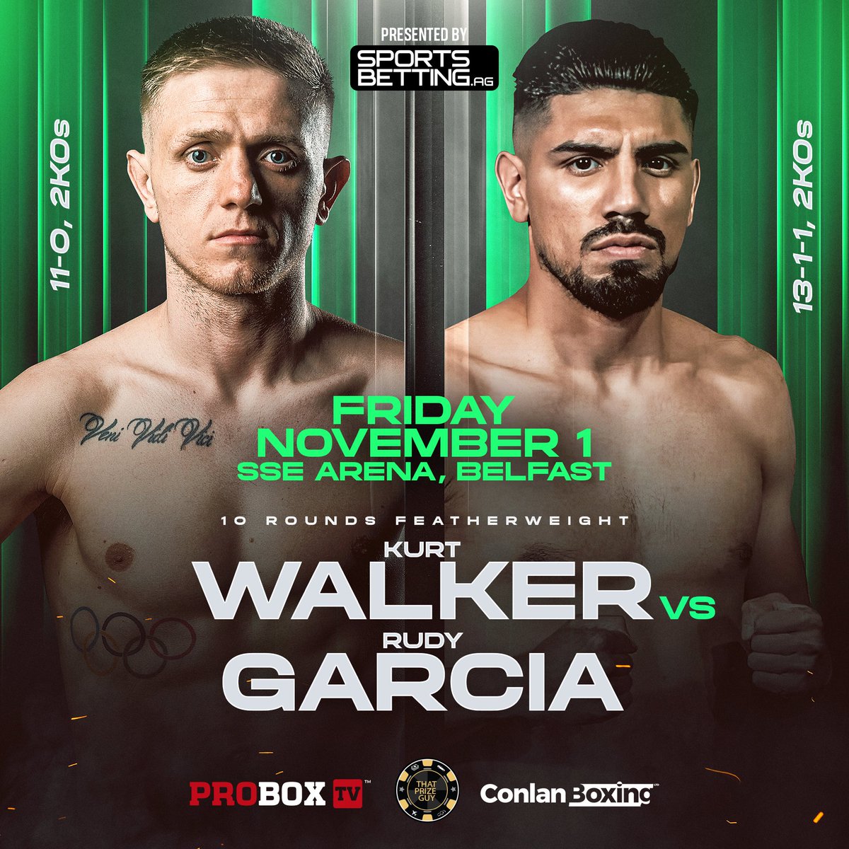 𝗔𝗗𝗗𝗘𝗗 𝗧𝗢 𝗧𝗛𝗘 𝗖𝗔𝗥𝗗 👀

Kurt Walker takes on a dangerous Rudy Garcia 👊🏽 10 round featherweight contest which is sure to be an entertaining contest! 

Tickets available now 🔗 🎟️ | 📺 Live on ProBoxTV

📍SSE Arena, Belfast | NOV 1 | #McCroryCarrillo