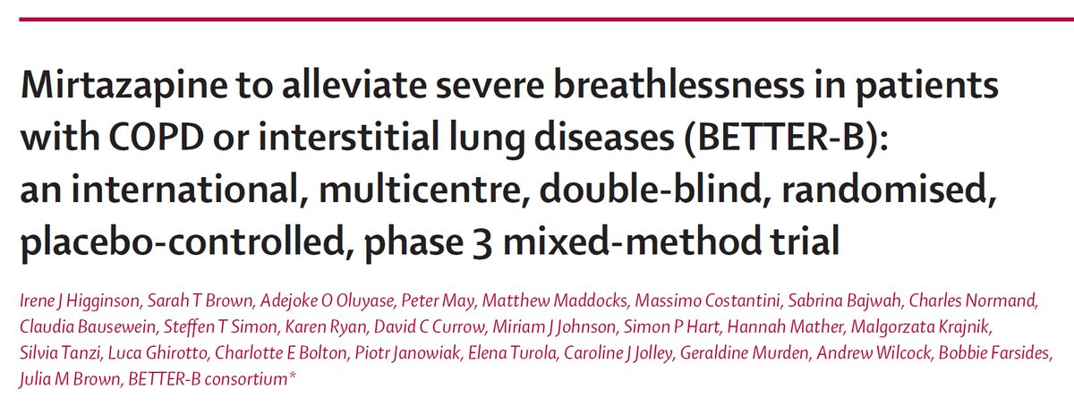 🔥🔥Mirtazapine should not be recommended as a routine treatment for severe breathlessness in patients with COPD or interstitial lung diseases.

📊 #KeyFindings
Mirtazapine 🟰 Placebo in reducing severe breathlessness.
✅ Randomized, double-blind design
⚠️ High variability in
