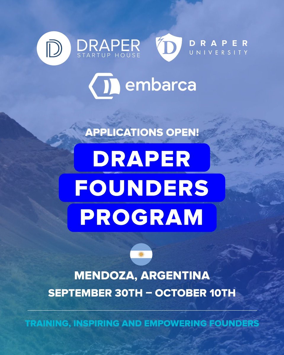 Draper Founders Program Mendoza - Atención founders y startups preferentemente startups enfocados en 👉🏼 Agritech, Climatech y Biotech.

Últimos días para aplicar a la beca: 73thg9ofjfv.typeform.com/draperprogram?…
